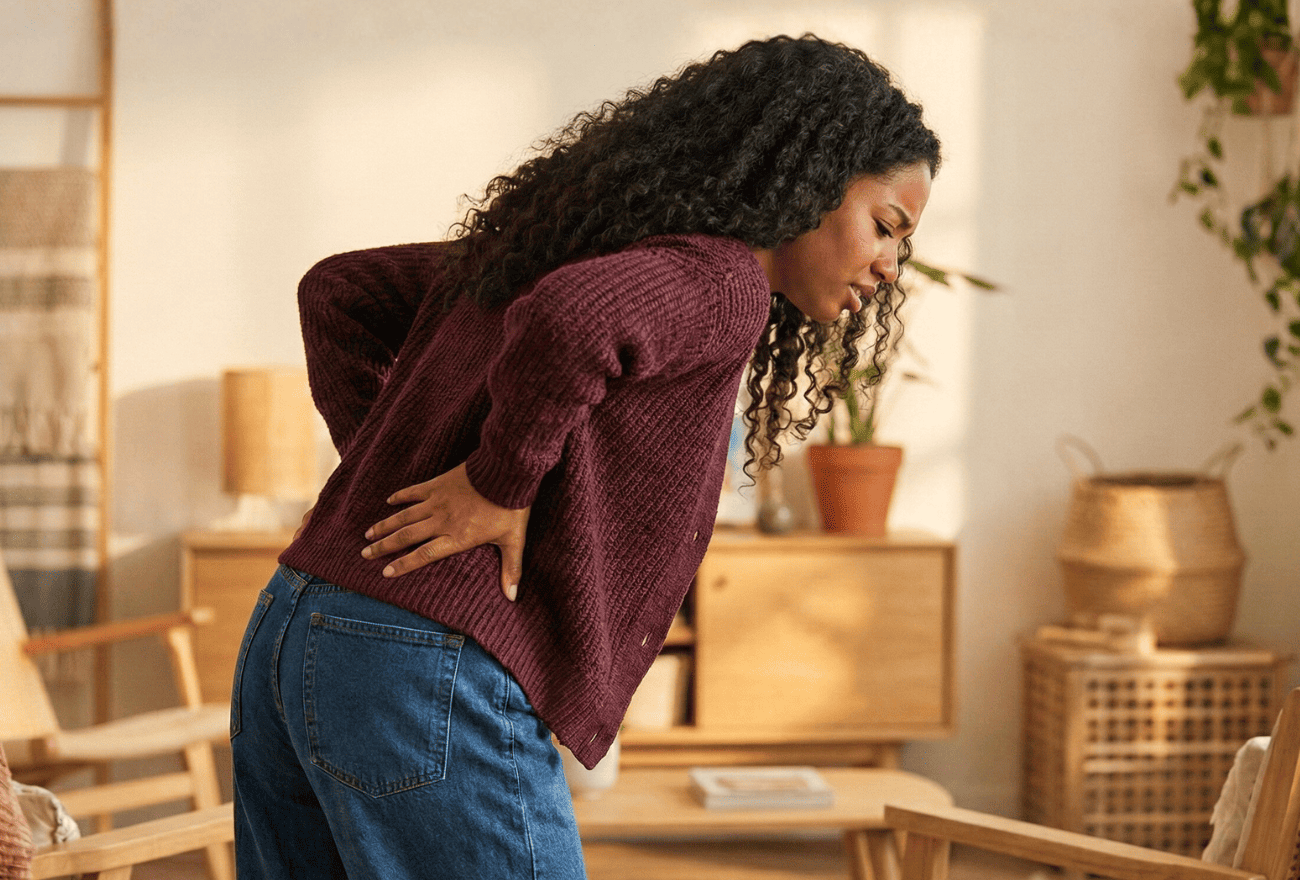 Douleur lombaire d'une femme dans son salon