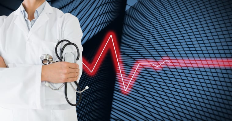 Médecin tenant un stétoscope, ligne cardiaque représentant le secteur médical en crise.