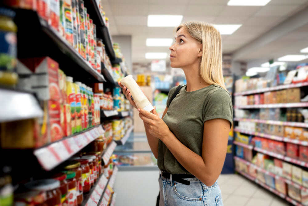 Femme qui regarde l'étiquetage de sauces dans un rayon de supermarché.