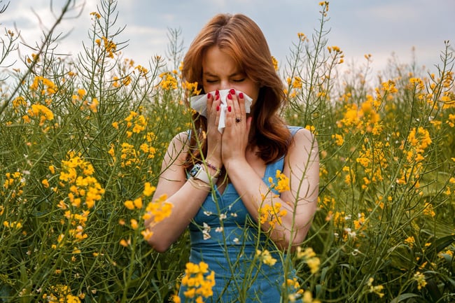 Femme se mouchant le nez dans une prairie car elle a une allergie au pollen.