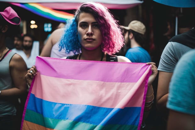 Femme transgenre tenant le drapeau LGBT+.