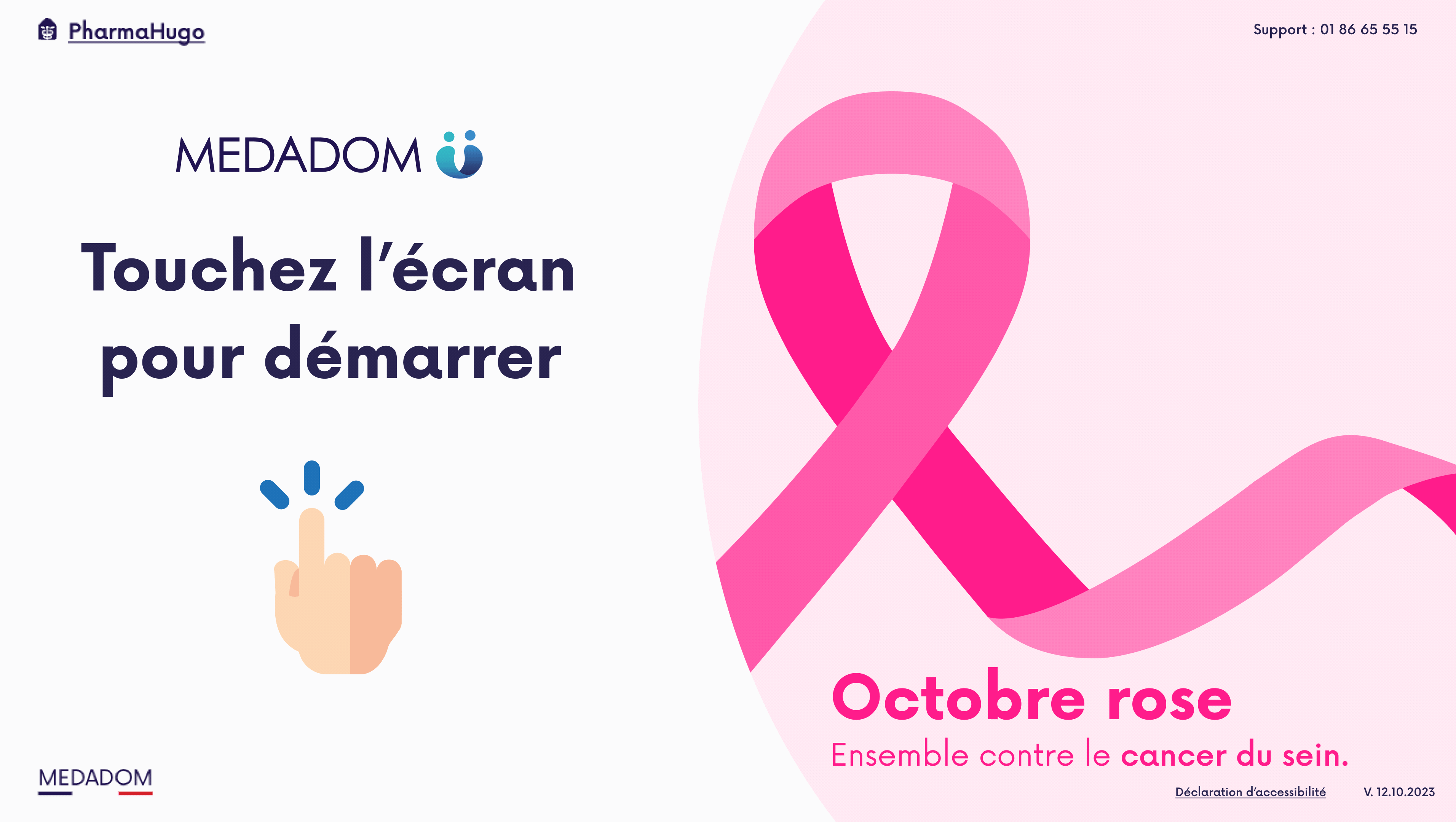 Écran de la borne MEDADOM aux couleurs d'Octobre Rose