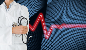 Médecin tenant un stétoscope, ligne cardiaque représentant le secteur médical en crise.