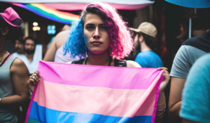 Femme transgenre tenant le drapeau LGBT+.